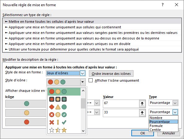 Excel - Mise en forme conditionelle - Options jeux d'icones