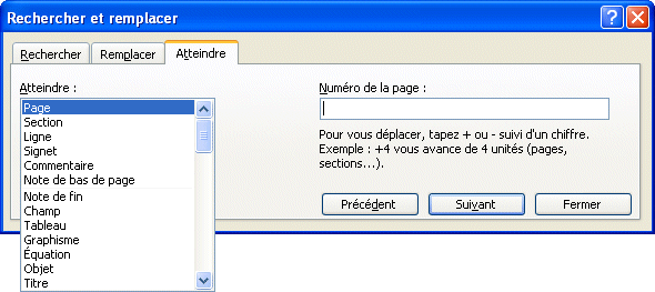 Word 2003 - fenêtre Atteindre
