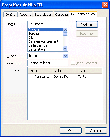 Word 2003 - Onglet personnalisation des propriétées du document Word.