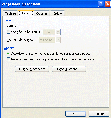 word 2003:tableau-propriétés ligne