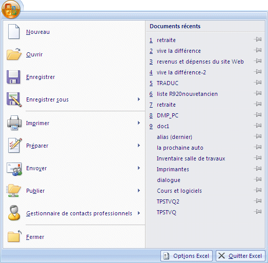 Excel 2007: Menu bouton Office