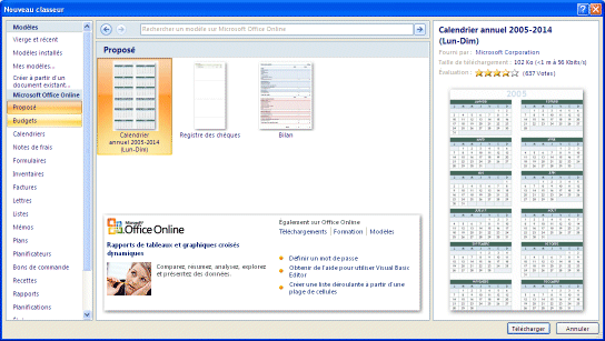 Excel 2007 : Nouveau document selon les modèles disponibles