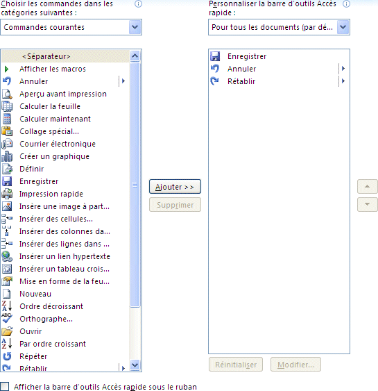 Excel 2007 : Options personaliser barre d'accès rapide