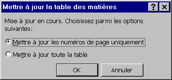 Mise à jour de la table des matières