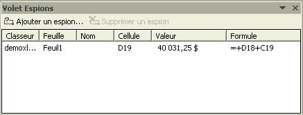 Volet Espion avec le suivi de la cellule D19 à une valeur de 40 031,25 $