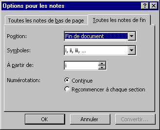 fenêtre d'options pour les notes