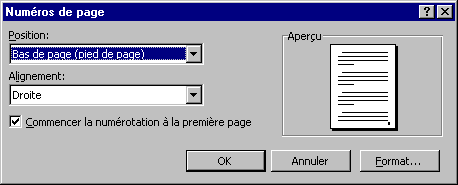 Fenêtre de numérotation des pages