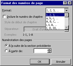 Fenêtre du format de présentation des numéros de pages