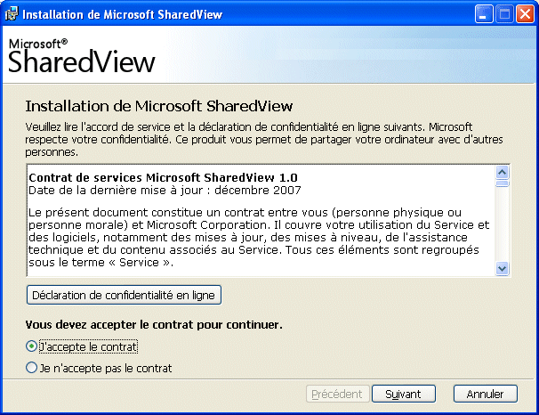 Accepter les conditions d'usager de Microsoft SharedView