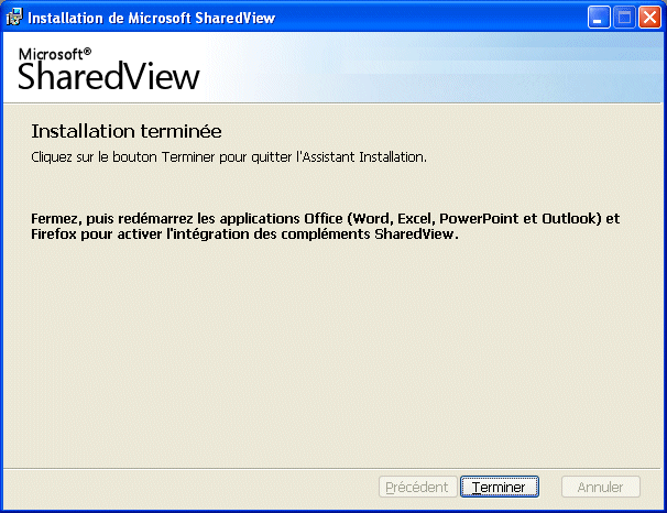 Installation compl&eacute;t&eacute; de Microsoft SharedView