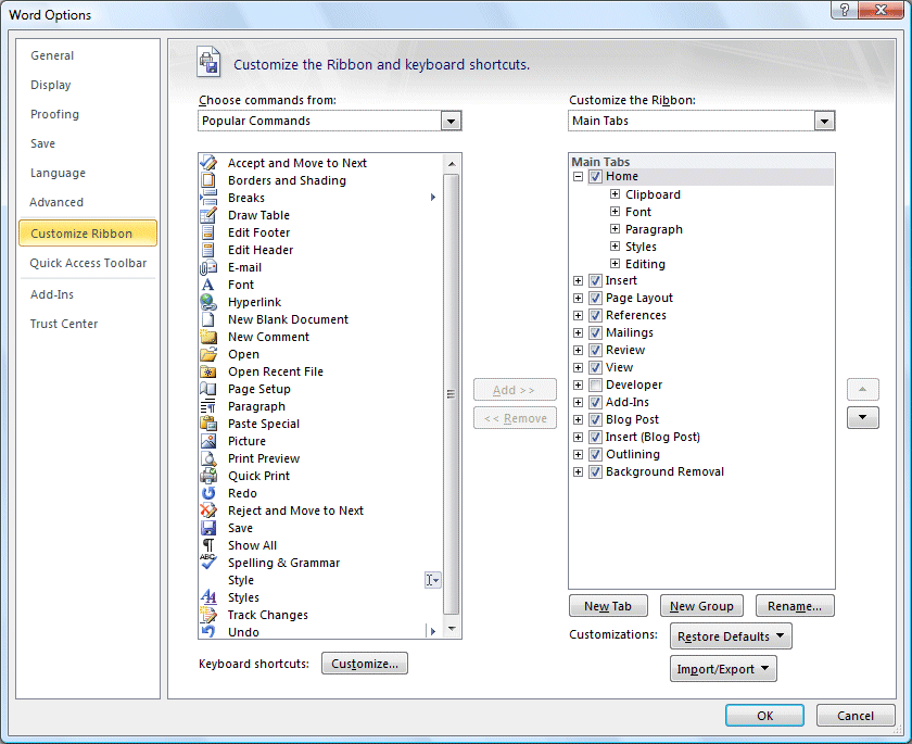 Word 2010 - Options des onglets