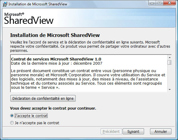 Accepter les conditions d'usager de Microsoft SharedView