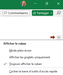 Excel - options d'affichage du Ruban