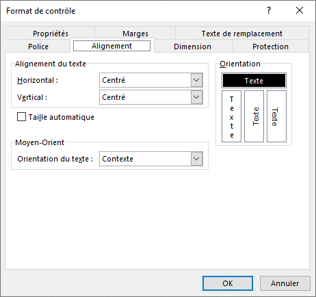 Excel - format contrôle - Alignement