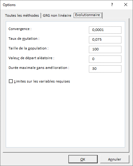 Excel - Solveur - fenêtre options Évolutionnaire