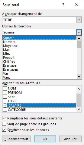 Excel - Sous-total - Options