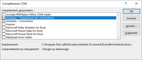 Liste des compléments Excel sous COM