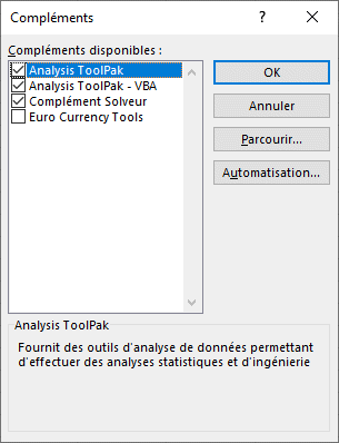 Liste des compléments Excel
