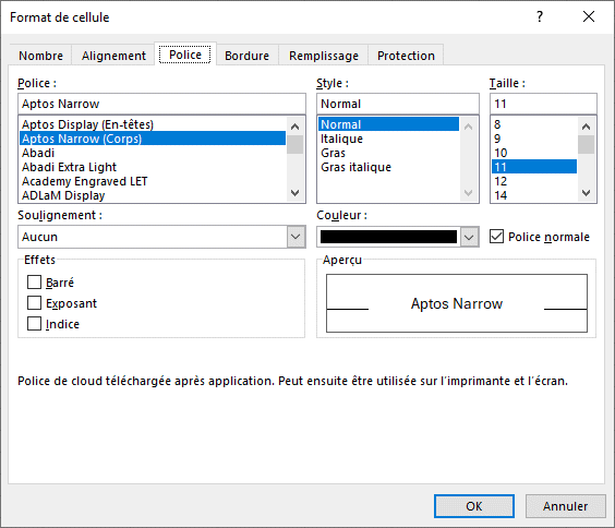 Excel - options d'une boîte de dialogue