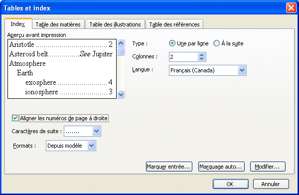 Word 2003 - Fenêtre d'option pour l'index