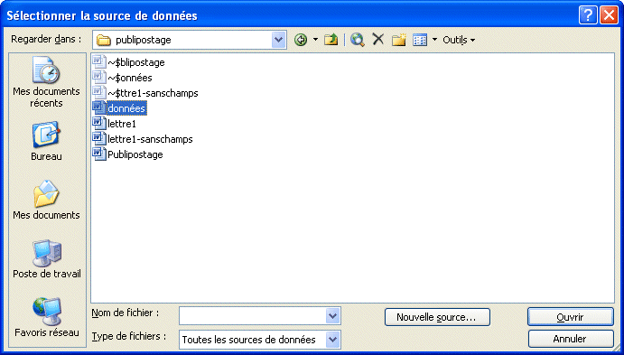 Word 2003 - Sélectionner la source des données