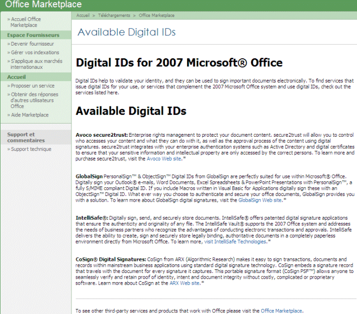 Office 2007 : Liste de services de signatures électronique