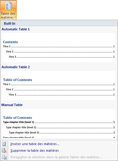 Word 2007: Liste des types de tables de matières et des options.