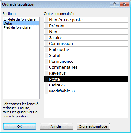 Access 2010 - formulaire - fenêtre ordre de tabulation